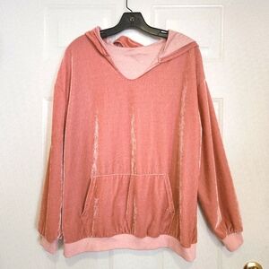 Women's Pink Velour Hoodie V-neck Soft Cozy Cabincore Peachy-Pink Size M/L